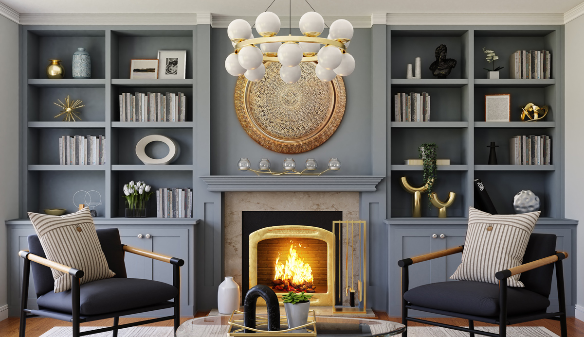 Elegant home interior with painted built in bookshelves surrounding hearth in family room