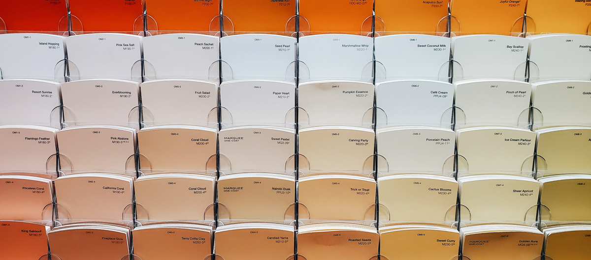 A rack holding paint color sample cards for selecting house paint
